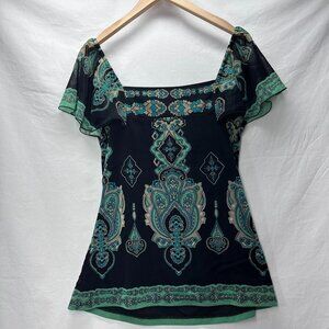 Y2K INC Boho Blouse Paisley Print Square Neck Flutter Sleeve Size Small